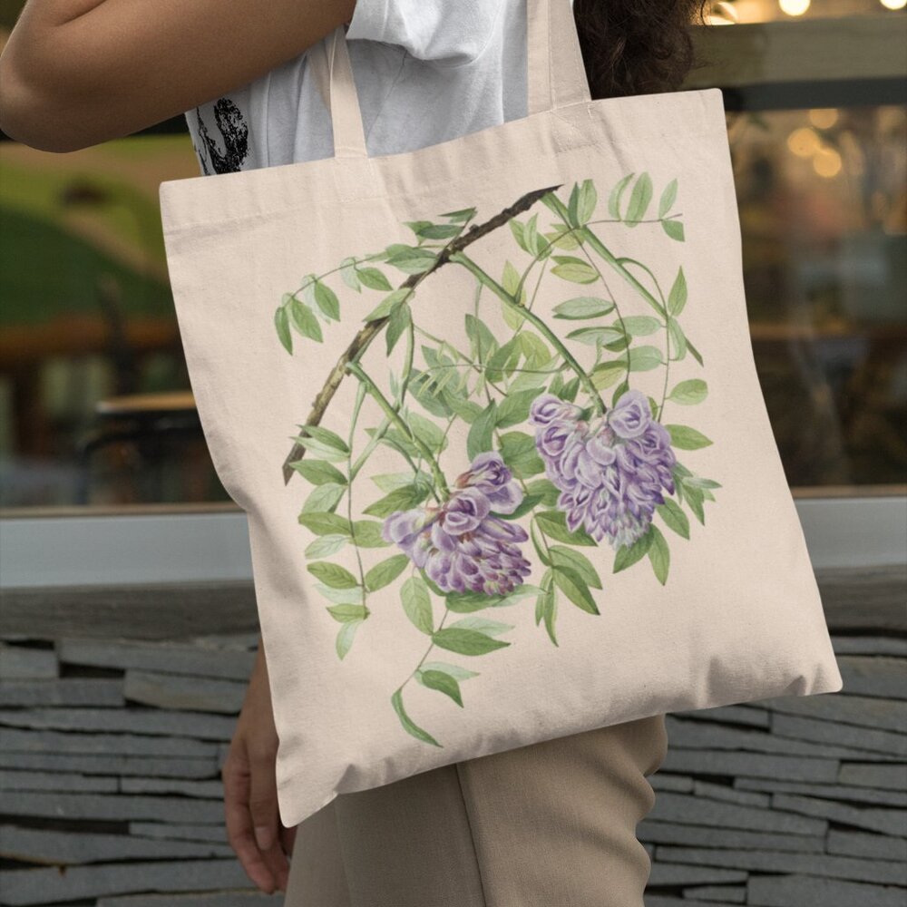 American Wisteria Vintage Watercolor Floral Print Graphic Canvas Tote Bag